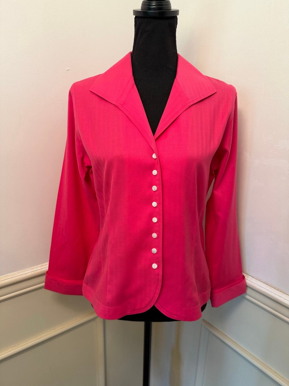 Vintage Talbots Petites Hot Pink Cotton Lastol Button Up Collared Blouse Top